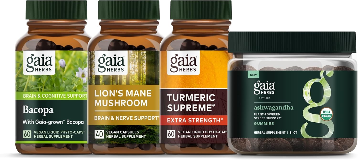 Gaia Herbs Focus Kit - Bacopa, Lion's Mane Mushroom, Ashwagandha Gummies, Turmeric Supreme Extra Strength : Health & Household