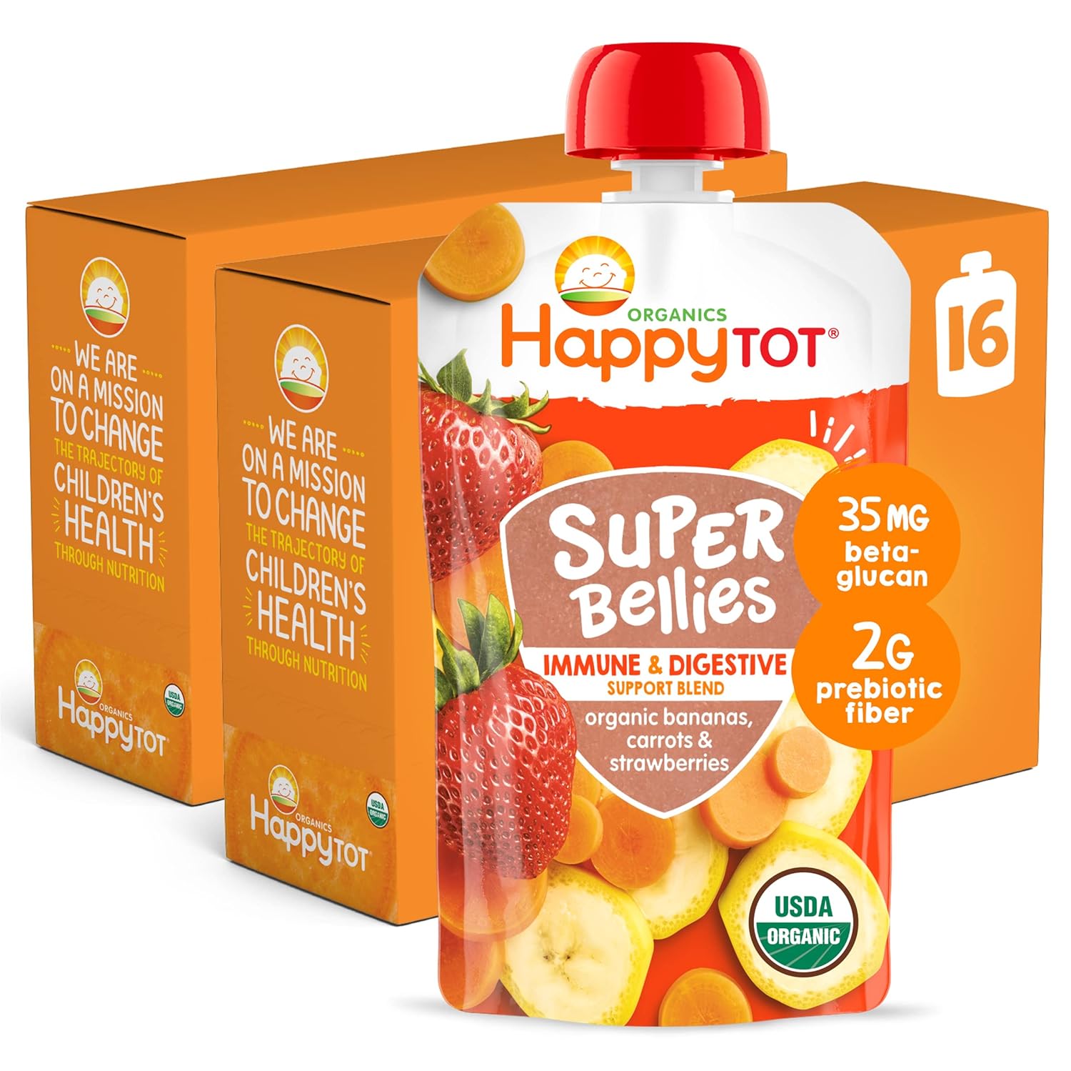 Happy Tot Organics Stage 4 Baby Food Pouches, Gluten Free, Vegan Snack, Super Bellies, Fruit & Veggie Puree, Banana, Carrot & Strawberry 4 Ounce (Pack Of 16)