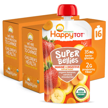 Happy Tot Organics Stage 4 Baby Food Pouches, Gluten Free, Vegan Snack, Super Bellies, Fruit & Veggie Puree, Banana, Carrot & Strawberry 4 Ounce (Pack Of 16)