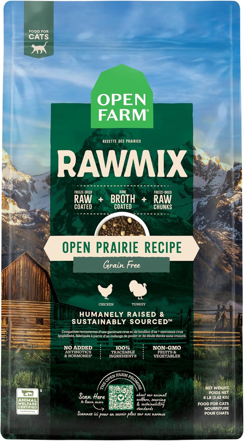 Open Farm Rawmix Prairie Recipe For Cats, Includes Kibble, Bone Broth, And Freeze Dried Raw, Inspired By The Wild, Humanely Raised Protein And Non-Gmo Fruits And Veggies, 8 Lb