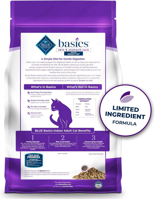 Blue Buffalo Basics Grain-Free Dry Cat Food, Skin & Stomach Care, Limited Ingredient Diet For Indoor Cats, Turkey & Potato Recipe, 11-Lb. Bag