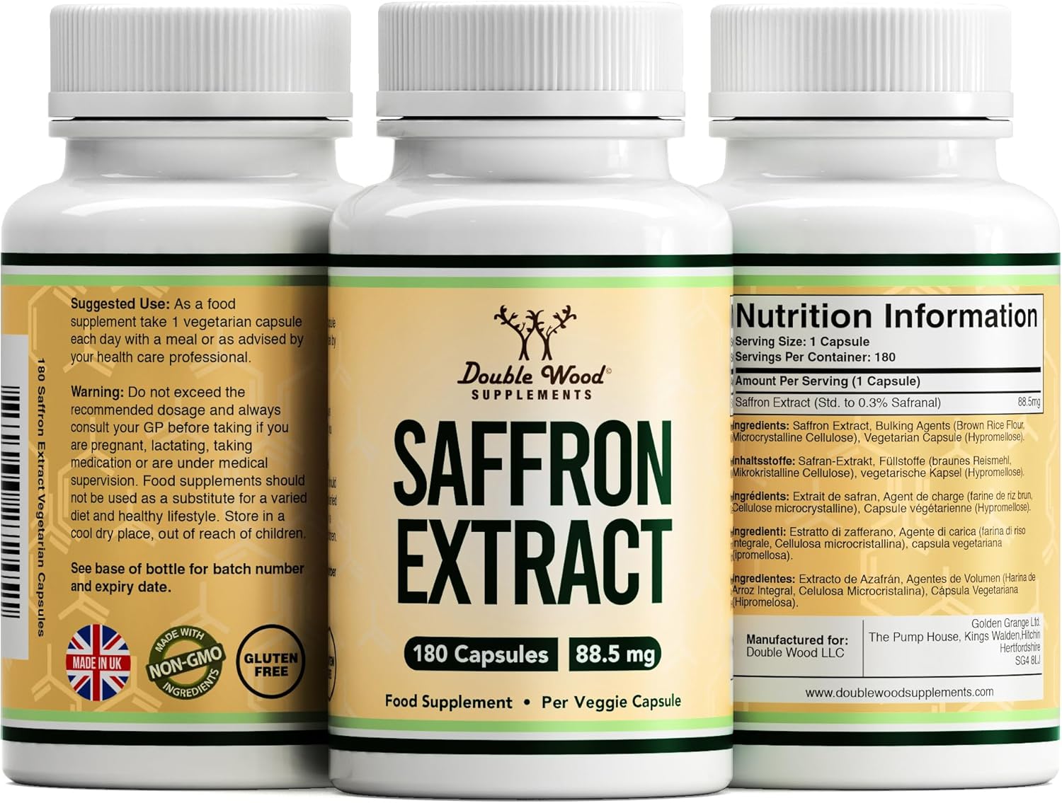 Double Wood Saffron Supplement |180 Servings of High Strength Saffron Capsules - 88.5mg Saffron Extract per Serving | Weight Management, Heart Health, Mental Clarity & Eye Health | UK Manufactured : Amazon.co.uk: Health & Personal Care