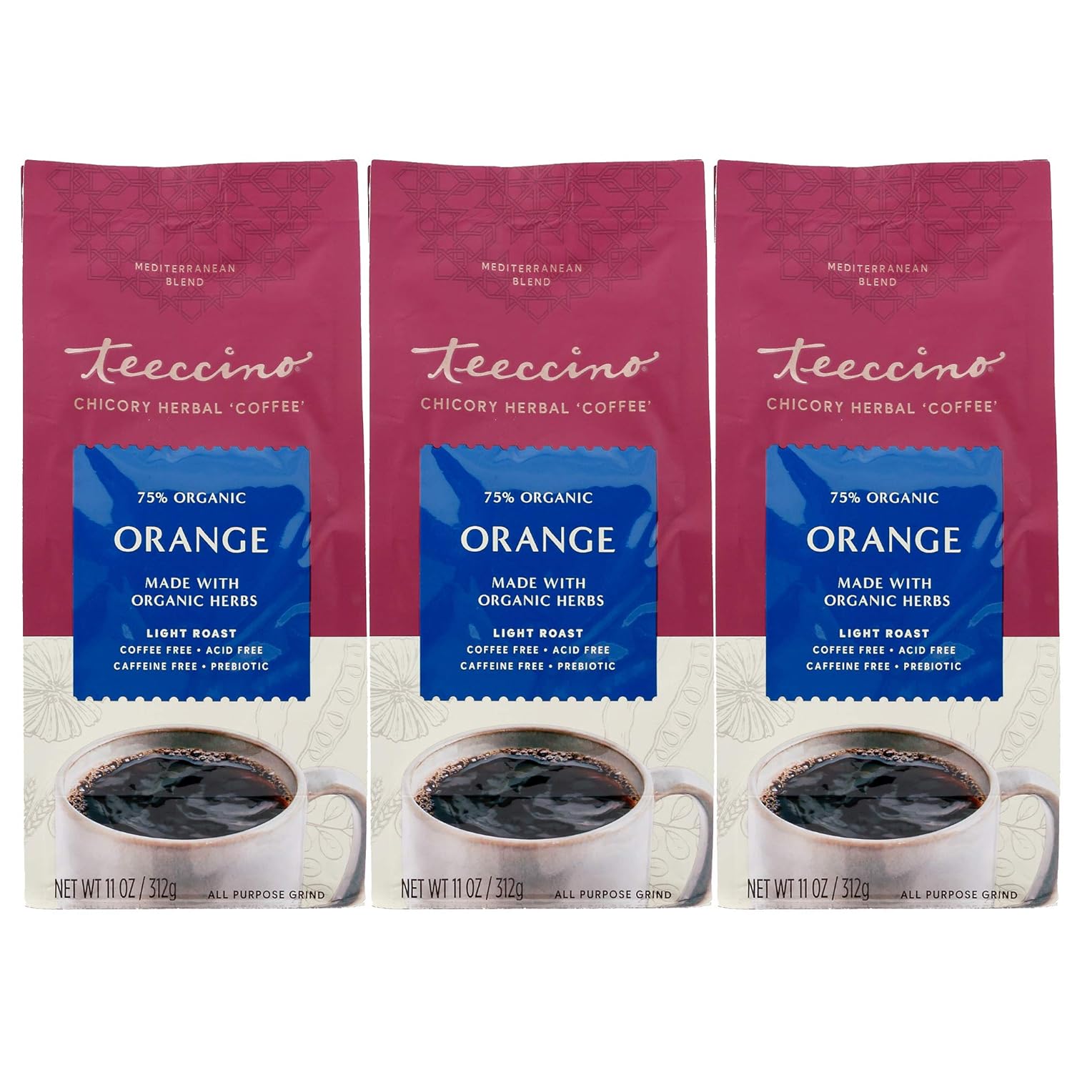 Teeccino Orange Chicory Coffee Alternative - Ground Herbal Coffee That’S Prebiotic, Caffeine Free & Acid Free, Light Roast, 11 Ounce (Pack Of 3)