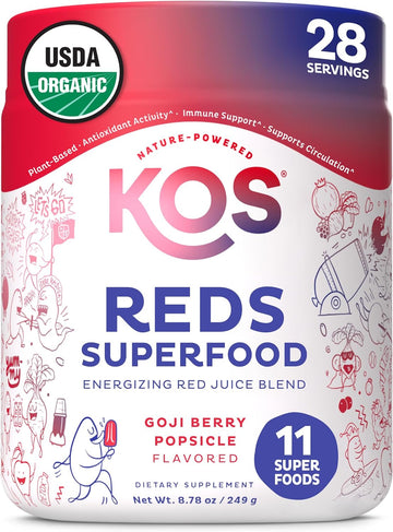 Kos Reds Superfood Powder For Antioxidants - Usda Certified Organic Beet Root, Goji Berries, Acai, Pomegranate, Coconut Water & Digestion Enzymes- Goji Berry Popsicle Flavor Juice Mix - 28 Servings