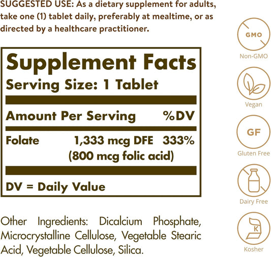 Solgar Folate 1,333 Mcg Dietary Folate Equivalent (800 Mcg Folic Acid), 250 Tablets - Heart Health, Healthy Nervous System, Prenatal Support - Non-Gmo, Vegan, Gluten Free, Dairy Free - 250 Servings