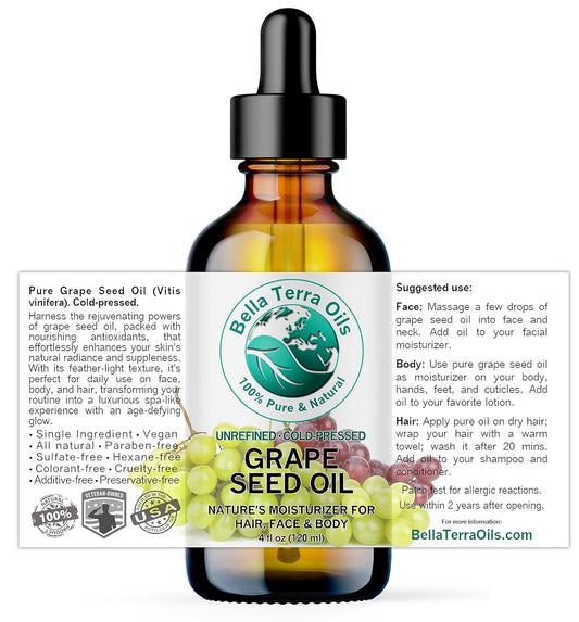 Bella Terra Oils - Organic Grape Seed Oil 4 oz - Embrace the Richness of Polyphenols & Flavonoids, Infused with Oleic Acid, For a Silky-Smooth Skin Finish