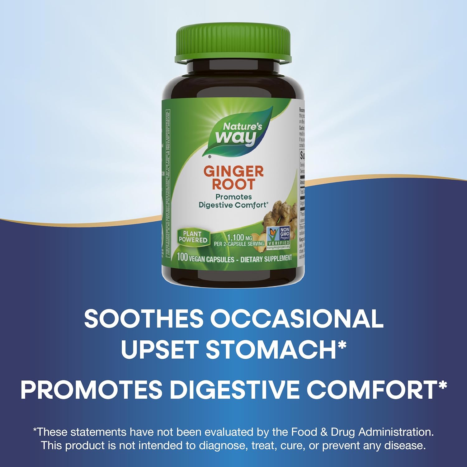 Nature's Way Ginger Root, Promotes Digestive Comfort*, Reduces Nausea Due to Motion*, 1100 mg Per 2-capsule Serving, Non-GMO Project Verified, 100 Capsules