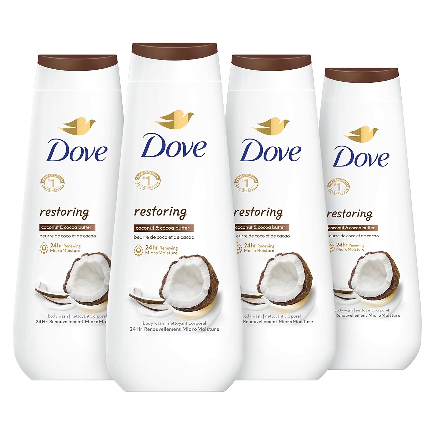 Dove Body Wash Restoring Coconut & Cocoa Butter 4 Count For Renewed, Healthy-Looking Skin Gentle Skin Cleanser That Effectively Washes Away Bacteria While Nourishing Your Skin 20 Oz