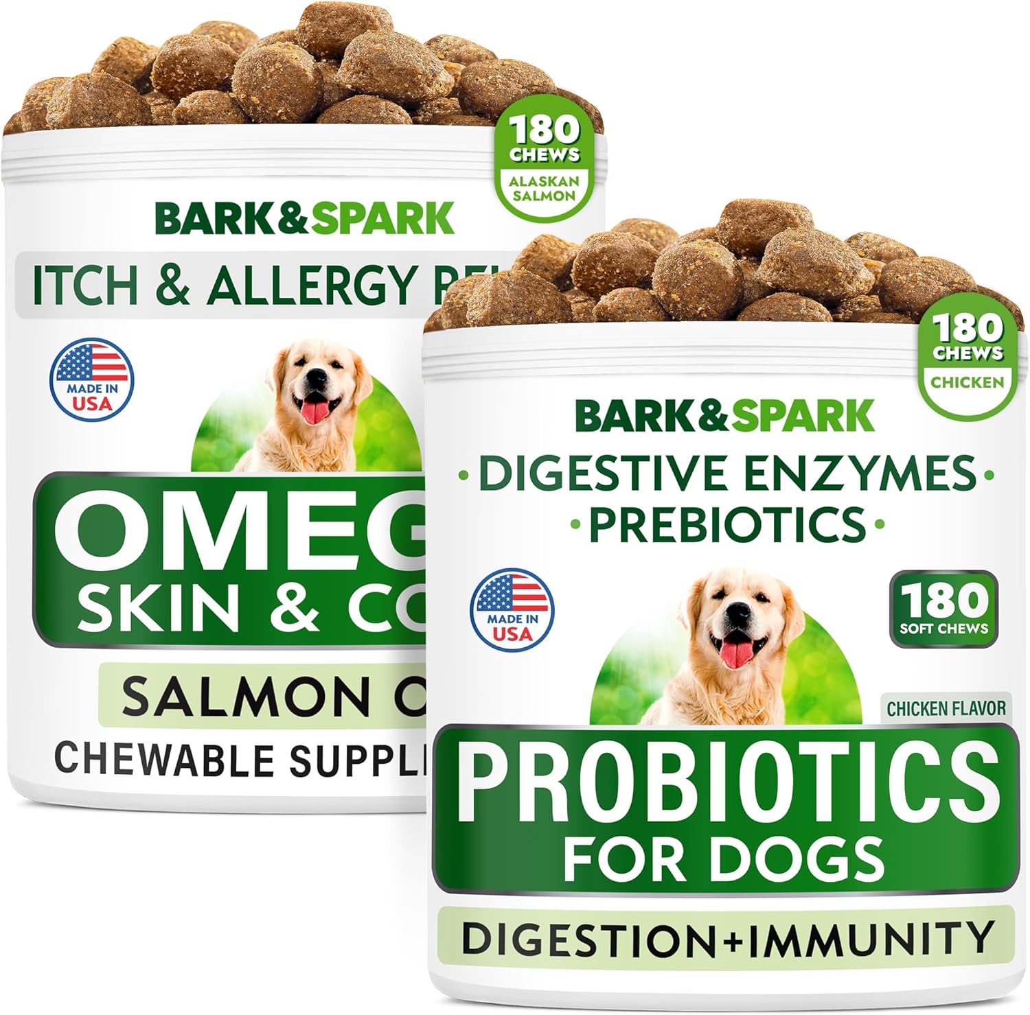 Bark&Spark Probiotics + Omega 3 For Dogs Bundle - Allergy & Itchy Skin + Skin Allergy - Digestive Enzymes + Epa & Dha Fatty Acids - Stomach Relief + Itch Relief - 360 Chews - Made In Usa