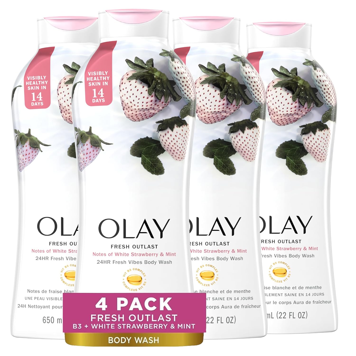 Olay Fresh Outlast White Strawberry & Mint Scent Body Wash For Women, 22 Fl Oz (Pack Of 4)