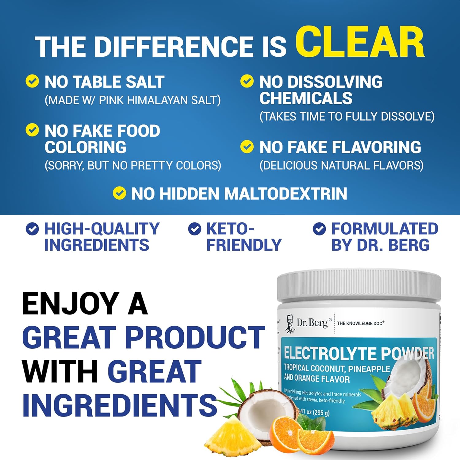 Dr. Berg Zero Sugar Hydration Keto Electrolyte Powder - Enhanced w/ 1000 mg of Potassium & Real Pink Himalayan Salt (NOT Table Salt) - Tropical Coconut, Pineapple & Orange Drink Supplement 50 Servings : Health & Household