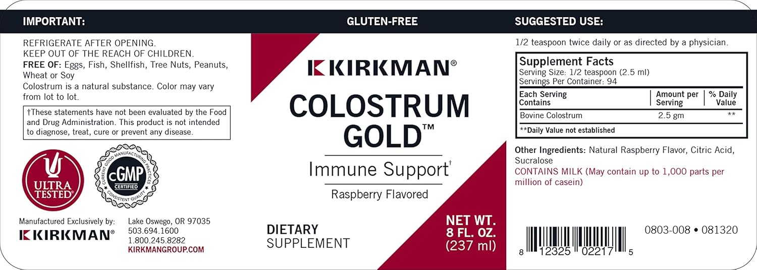 Kirkman Colostrum Gold Immune Support Supplement, 8 Fl Oz, Raspberry Flavored Liquid Bovine Colostrum, Supports Muscle, Skin & Cartilage Tissue Growth, Antibiotic & Added Hormone Free… : Health & Household