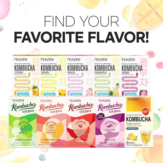 Teazen Kombucha 5 Flavors 150 Sticks Variety Pack, Kombucha Peach, Pineapple, Shine Muscat, Mango Guava, Raspberry (150 Sticks)