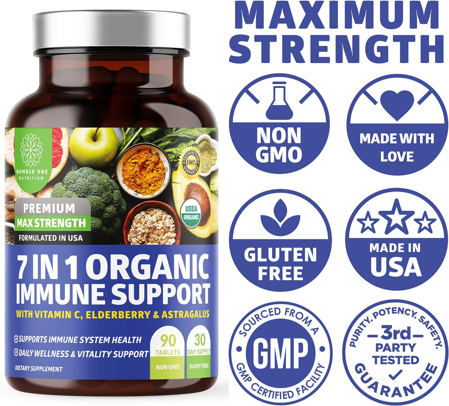 N1N Premium 7 in 1 Immune Support Supplement [100% USDA Organic] Daily Immune Boost with Vitamin C, Elderberry, Moringa Leaf, Oregano and Garlic for Immunity and Inflammatory Response, 90 Tablets
