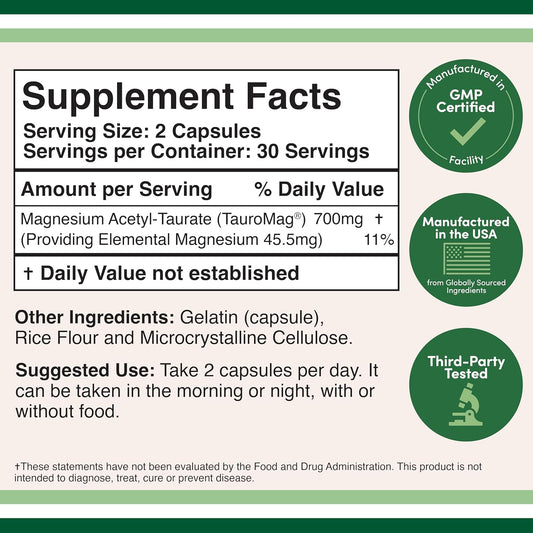Magnesium Acetyl-Taurate (Ata Mg, Tauromag) Novel And Patented Form Of Magnesium For Pms And Cramp Relief (60 Capsules, 350Mg) Pms Relief Magnesium Supplement By Double Wood Supplements