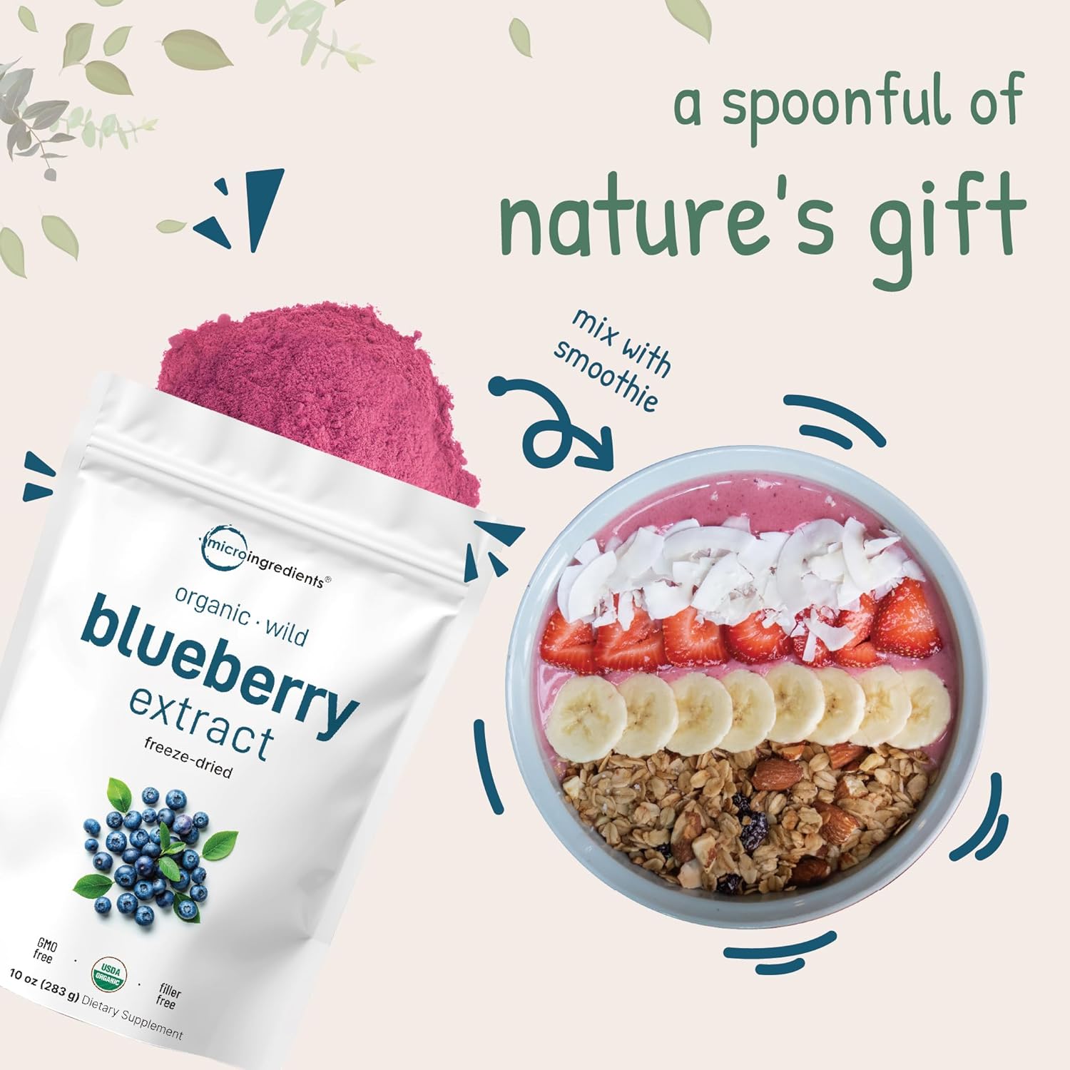 Organic Blueberry Extract Powder, 10Oz | 100% Natural Fruit Powder | Freeze-Dried Wild Blueberries Source | No Sugar & Additives | Great Flavor For Drinks, Smoothie, & Beverages | Non-Gmo & Vegan : Grocery & Gourmet Food