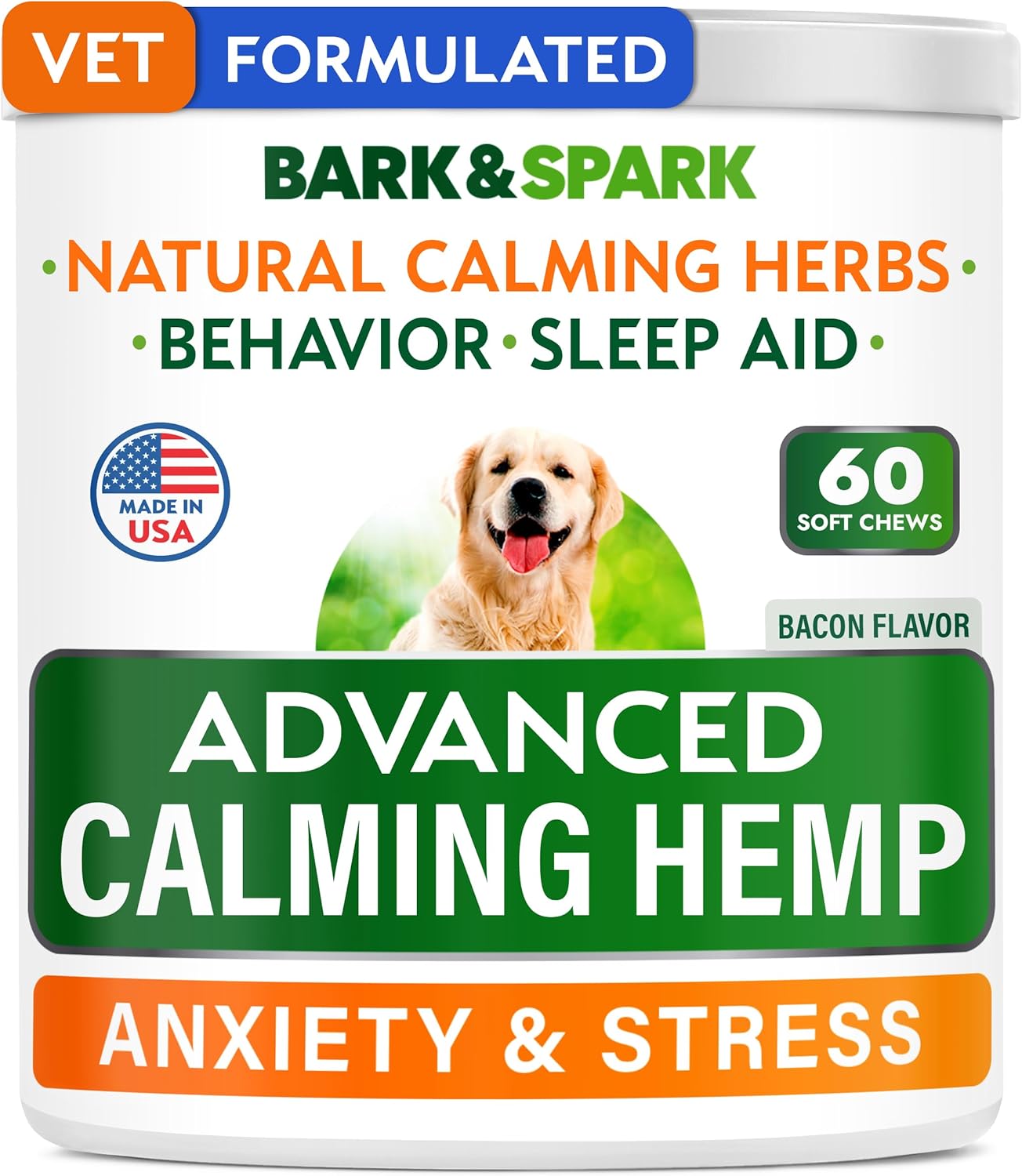 Bark&Spark Advanced Calming Hemp Treats For Dogs - Hemp Oil + Melatonin - Anxiety Relief - Separation Aid - Stress Relief During Fireworks, Storms, Thunder - Aggressive Behavior, Barking - 60Chews