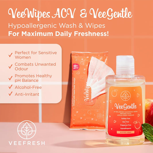 Veefresh Veedaily - Veegentle Intimate Wash & Veewipes Acv Sensitive Vee Bundle - Apple Cider Vinegar Infused Female Wipes For Women & Natural Feminine Wash For Sensitive Vees!