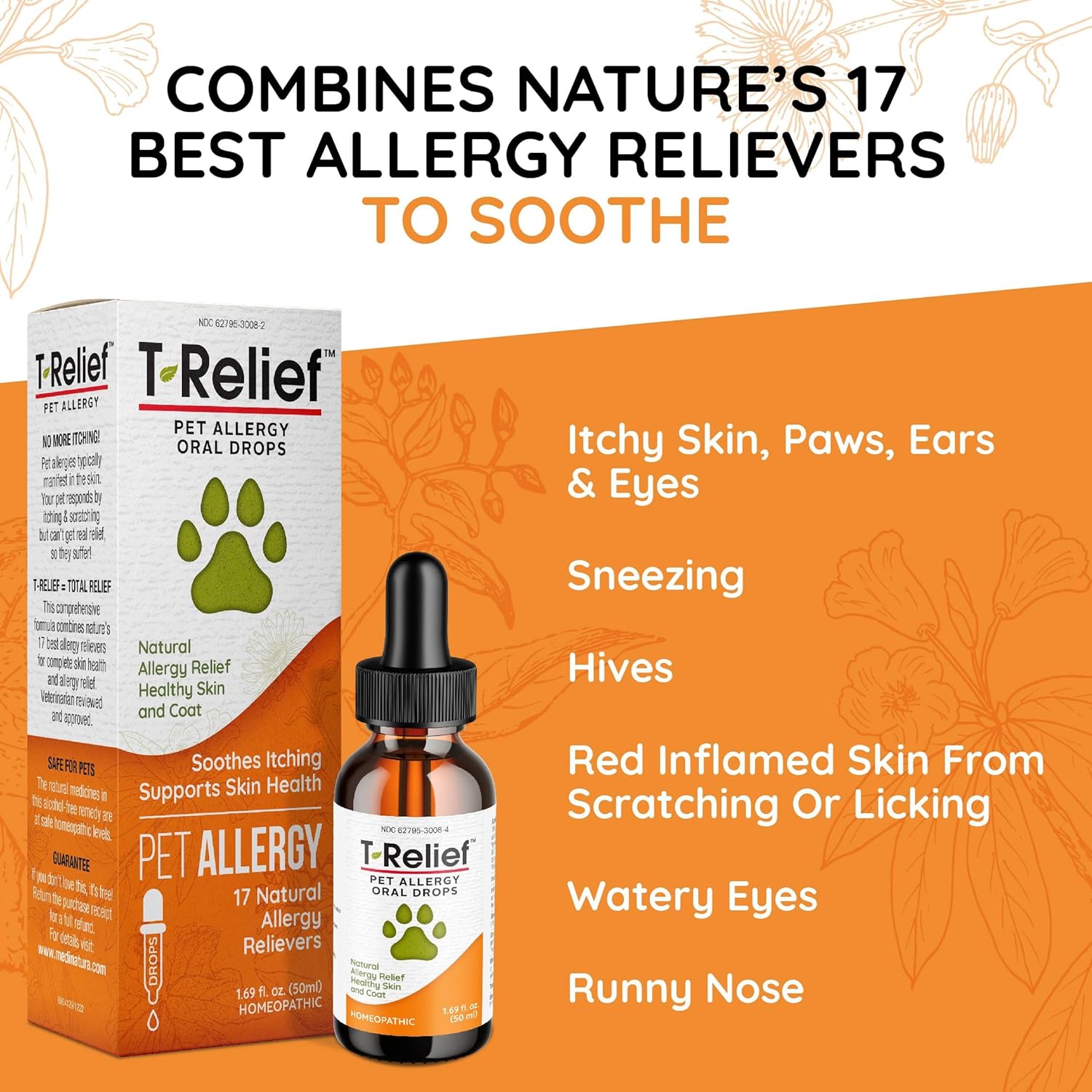 T-Relief Pet Allergy Support Drops For Dogs & Cats Itchy Relief Supports Healthy Skin & Coat Natural Medicine Helps Soothe Hot Spot Itching Paws Licking Runny Nose Sneezing Watery Eyes - 1.69 Fl Oz : Pet Supplies