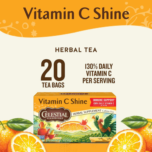 Celestial Seasonings Vitamin C Shine Herbal Tea, Caffeine Free, 20 Tea Bags Box, (Pack Of 6)