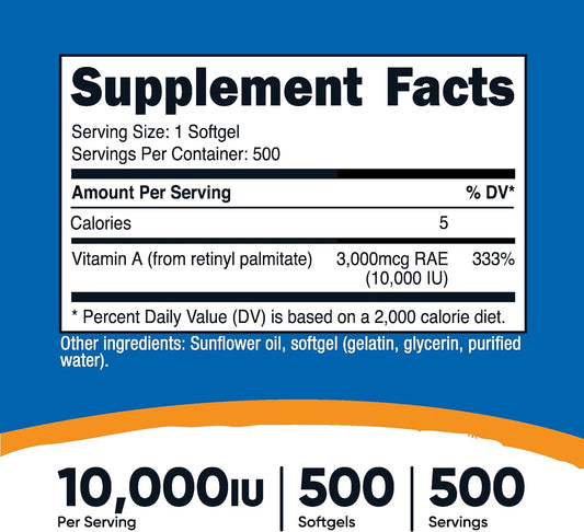 Nutricost Vitamin A 10,000 Iu, 500 Softgel Capsules