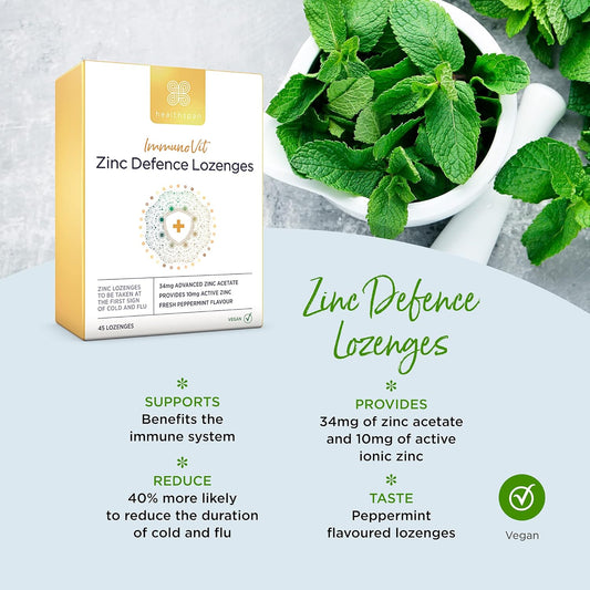 Healthspan Immunovit Zinc Defence Lozenges (45 Lozenges) | All Year-Round Immunity Support | Cold & Flu | Providing 10Mg Ionic Zinc (100% Nrv) | Peppermint Flavoured | Vegan