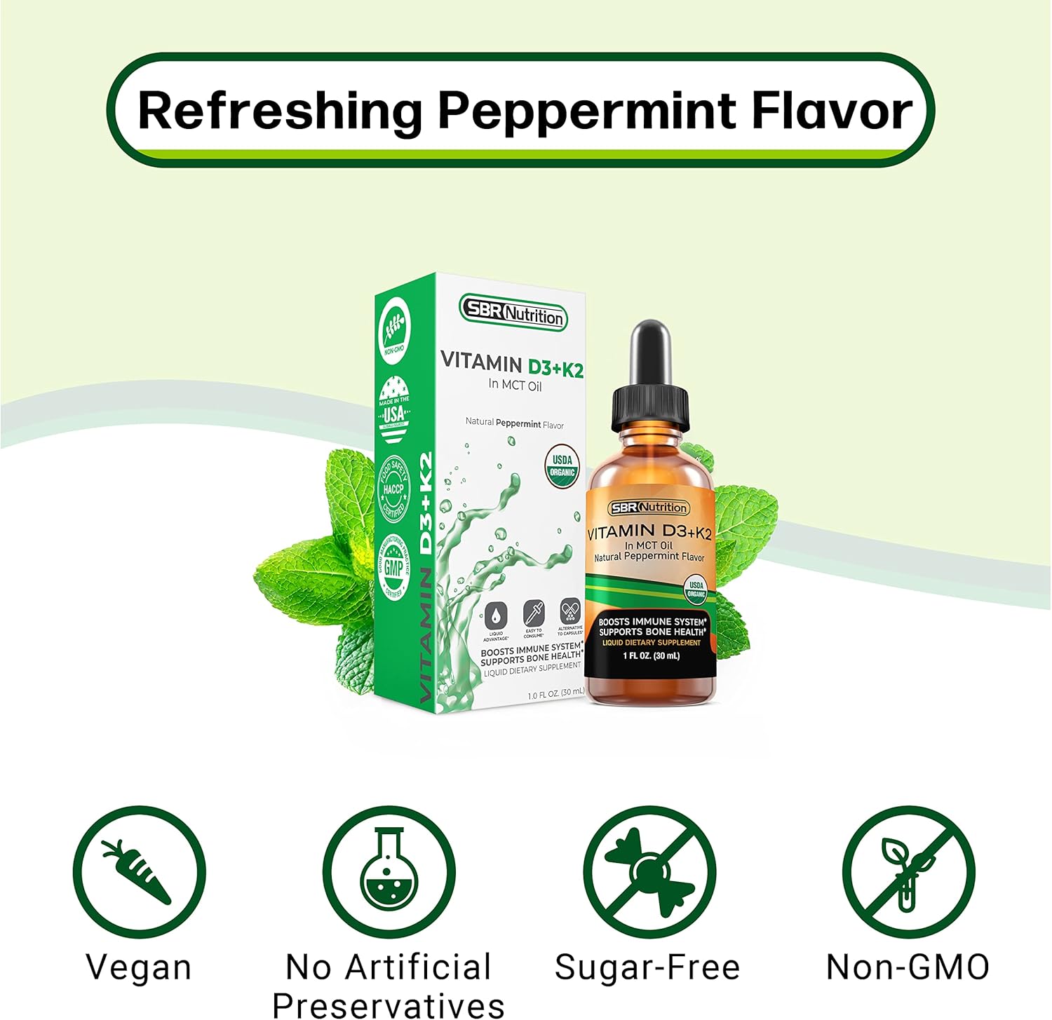 Max Absorption, Vitamin D3 + K2 (Mk-7) Liquid Drops With Mct Oil, Peppermint Flavor, Helps Support Strong Bones And Healthy Heart