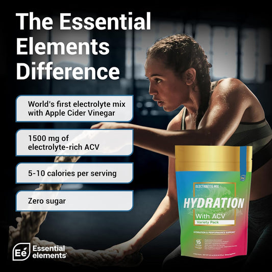 Essential Elements Hydration Packets - Electrolytes Powder Packets Sugar Free - 48 Stick Packs Of Electrolytes Powder No Sugar - Electrolyte Water Drink Mix With Acv & Vitamin C - Variety Pack