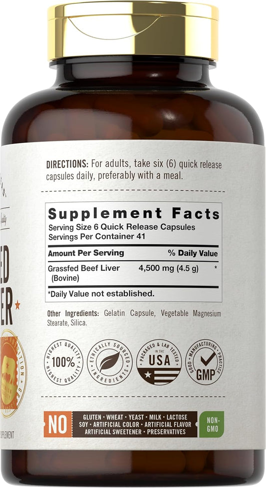 Carlyle Grass Fed Beef Liver Capsules 4500Mg | 250 Count | Desiccated Supplement | Non-Gmo, Gluten Free | By Herbage Farmstead