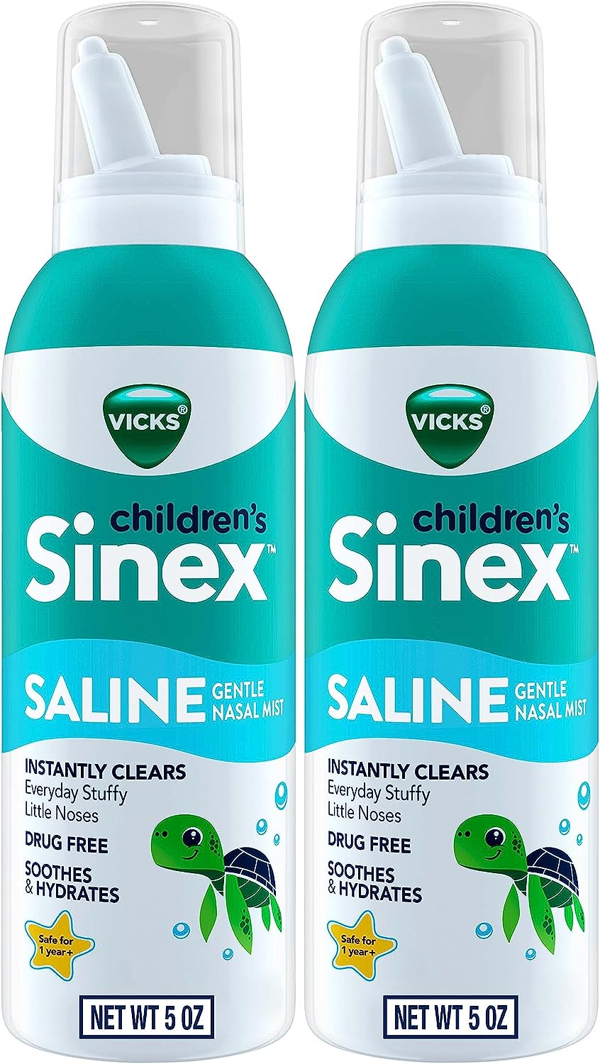 Vicks Sinex, Children's Saline Nasal Spray, Drug Free Ultra Fine Mist with Hint of Aloe, Ages 1+, Fast Everyday Stuffy Nose Relief for Kids, Clear Mucus from a Cold or Allergy, 5 OZ x 2