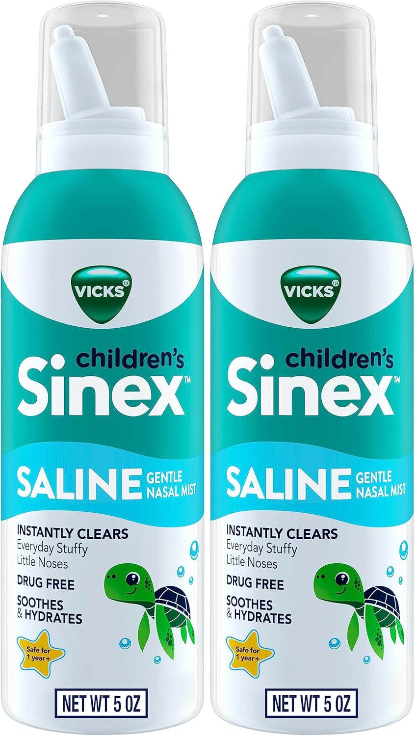 Vicks Sinex, Children'S Saline Nasal Spray, Drug Free Ultra Fine Mist With Hint Of Aloe, Ages 1+, Fast Everyday Stuffy Nose Relief For Kids, Clear Mucus From A Cold Or Allergy, 5 Oz X 2