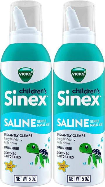 Vicks Sinex, Children'S Saline Nasal Spray, Drug Free Ultra Fine Mist With Hint Of Aloe, Ages 1+, Fast Everyday Stuffy Nose Relief For Kids, Clear Mucus From A Cold Or Allergy, 5 Oz X 2