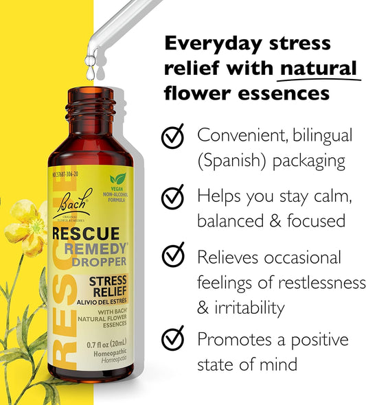 Rescue Bach Remedy Dropper 20Ml, Natural Stress Relief, Homeopathic Flower Essence, Vegan, Gluten & Sugar-Free, Non-Habit Forming (Non-Alcohol Formula)