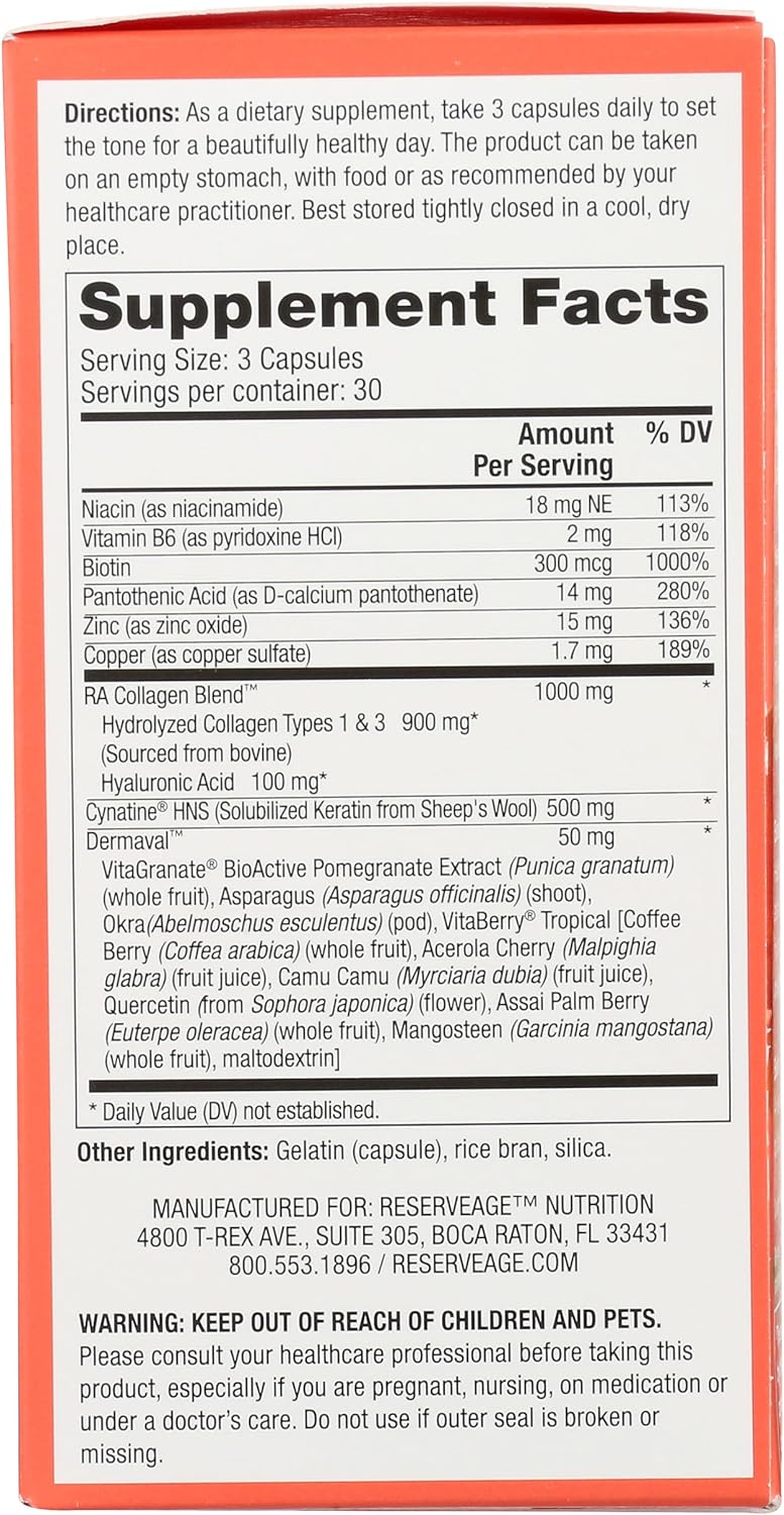 Reserveage Beauty, Tres Beauty 3, Beauty Supplement for Hair Growth, Skin Care and Nail Care, Collagen Supplement with Keratin and Biotin, Gluten Free, 90 Capsules (30 Servings) : Health & Household