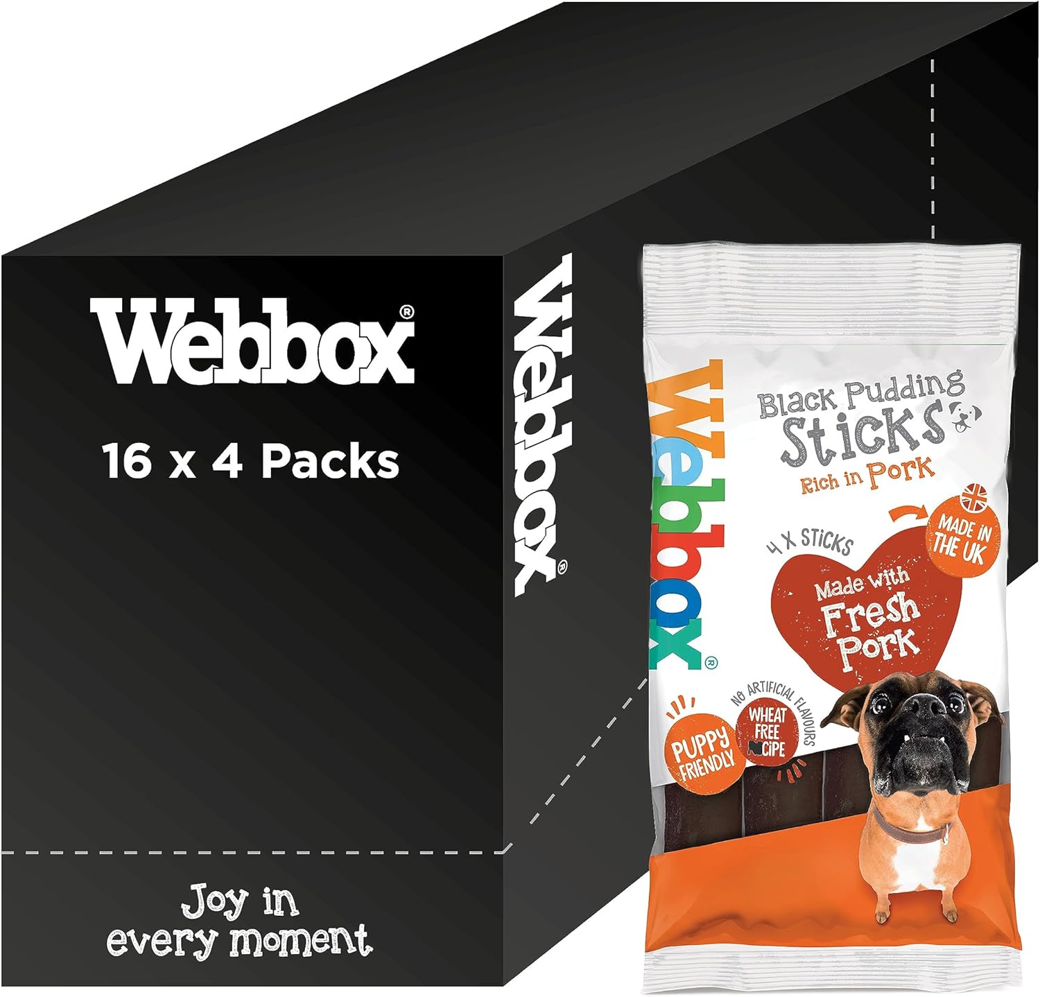 Webbox Black Pudding Sticks Dog Treats - Made with Fresh Pork, Puppy Friendly, Wheat Free Recipe, No Artificial Flavours, Made in the UK (16 x 4 Packs)