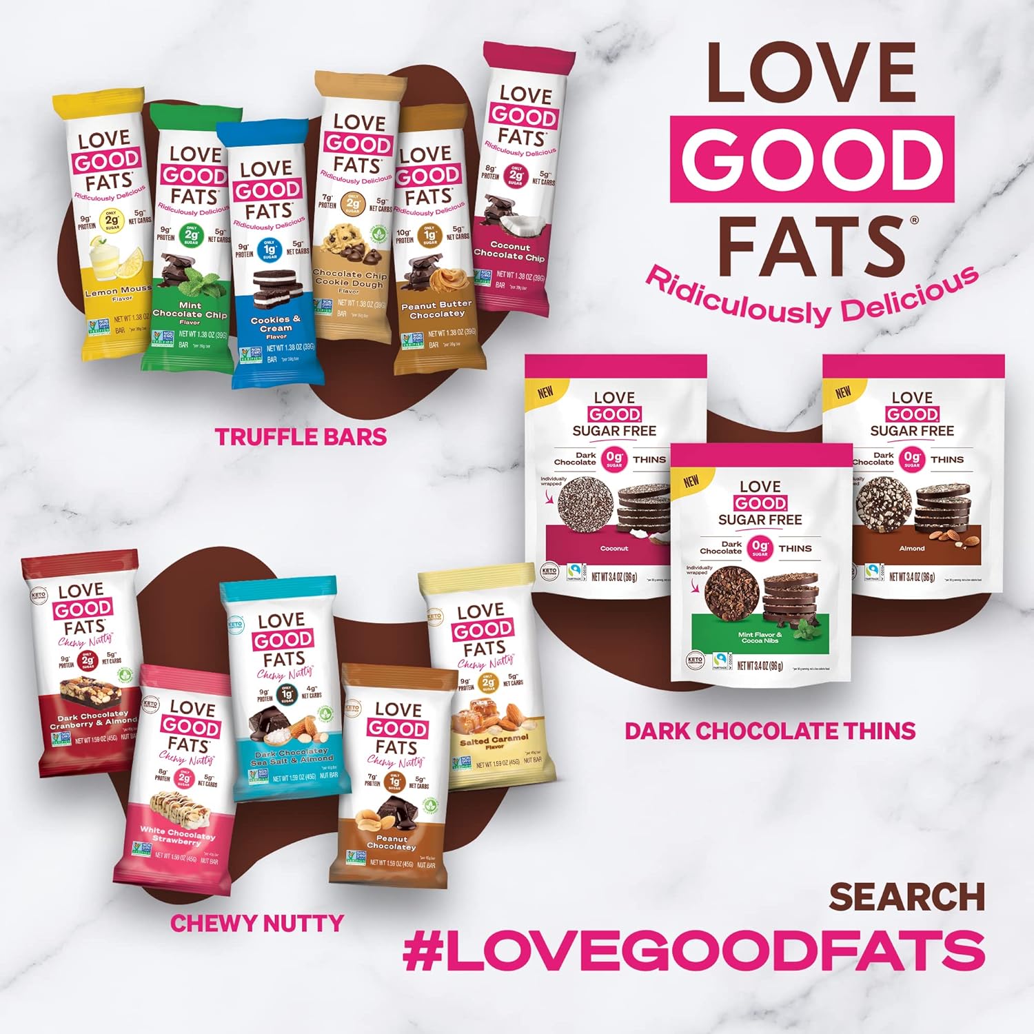 Love Good Fats Keto Protein Snack Bars - Chewy Nutty Salted Caramel with Almonds and White Chocolate - 15g Good Fats, 9g Protein, 5g Net Carbs, 2g Sugar, Gluten-Free, Non GMO, 12 Pack