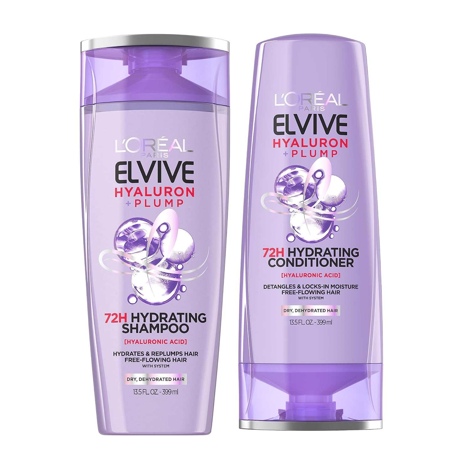 L'Oreal Paris Elvive Hyaluron Plump Hydrating Shampoo & Conditioner For Dehydrated, Dry Hair Infused With Hyaluronic Acid Care Complex, Paraben-Free, 12.6 Fl Oz