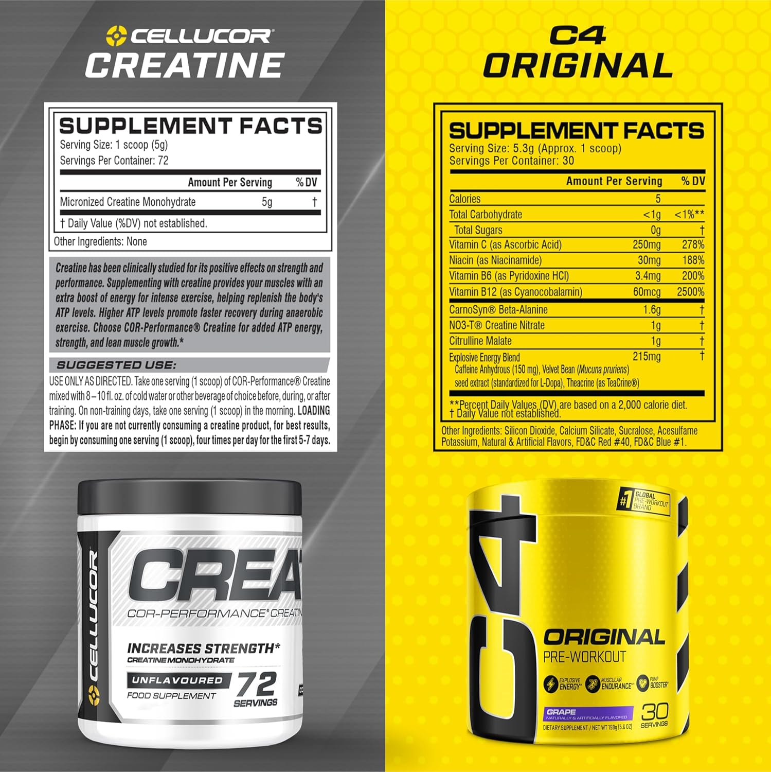 Cellucor Pre Workout & Creatine Bundle, C4 Original Pre Workout Powder, Grape, 30 Servings + Cor Performance Creatine Powder, 72 Servings : Health & Household