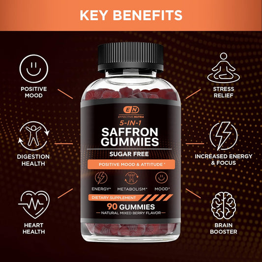 Saffron Gummies - Sugar Free Saffron Supplement With Vitamin D2, Passion Flower, St. John'S Wort, Gaba - Positive Mood, Digestion, Energy (90Ct)