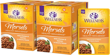 Wellness Healthy Indulgence Morsels Grain-Free Wet Cat Food, Made With Natural Ingredients, Quality Proteins, Complete And Balanced Meal, 3 Oz Pouches (Chicken & Salmon, 24 Pack)