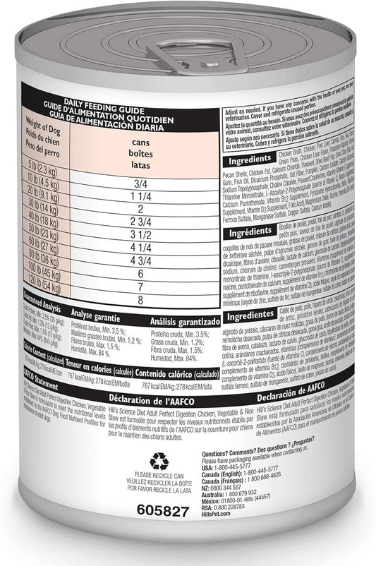 Hill'S Science Diet Perfect Digestion, Adult 1-6, Digestive Support, Wet Dog Food, Chicken, Vegetable & Rice Stew, 12.5 Oz Can, Case Of 12