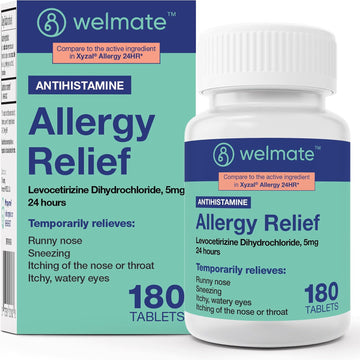 Welmate | Allergy | Generic Xyzal Levocetirizine Dihydrochloride 5Mg | Non Drowsy | Fast Acting | 24Hr Support | Runny Nose, Watery Eyes, Sneezing | Antihistamine | Allergy Medication | 180 Ct