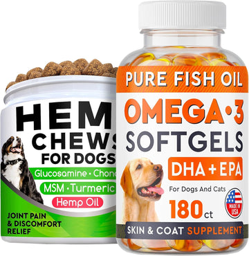 Omega 3 Fish Oil Pills + All-Natural Hemp Chews W/ Glucosamine For Dogs Bundle - Skin&Coat Supplement To Reduce Shedding, Itching + Advanced Hip&Joint Supplement To Improve Mobility, Joint Pain Relief