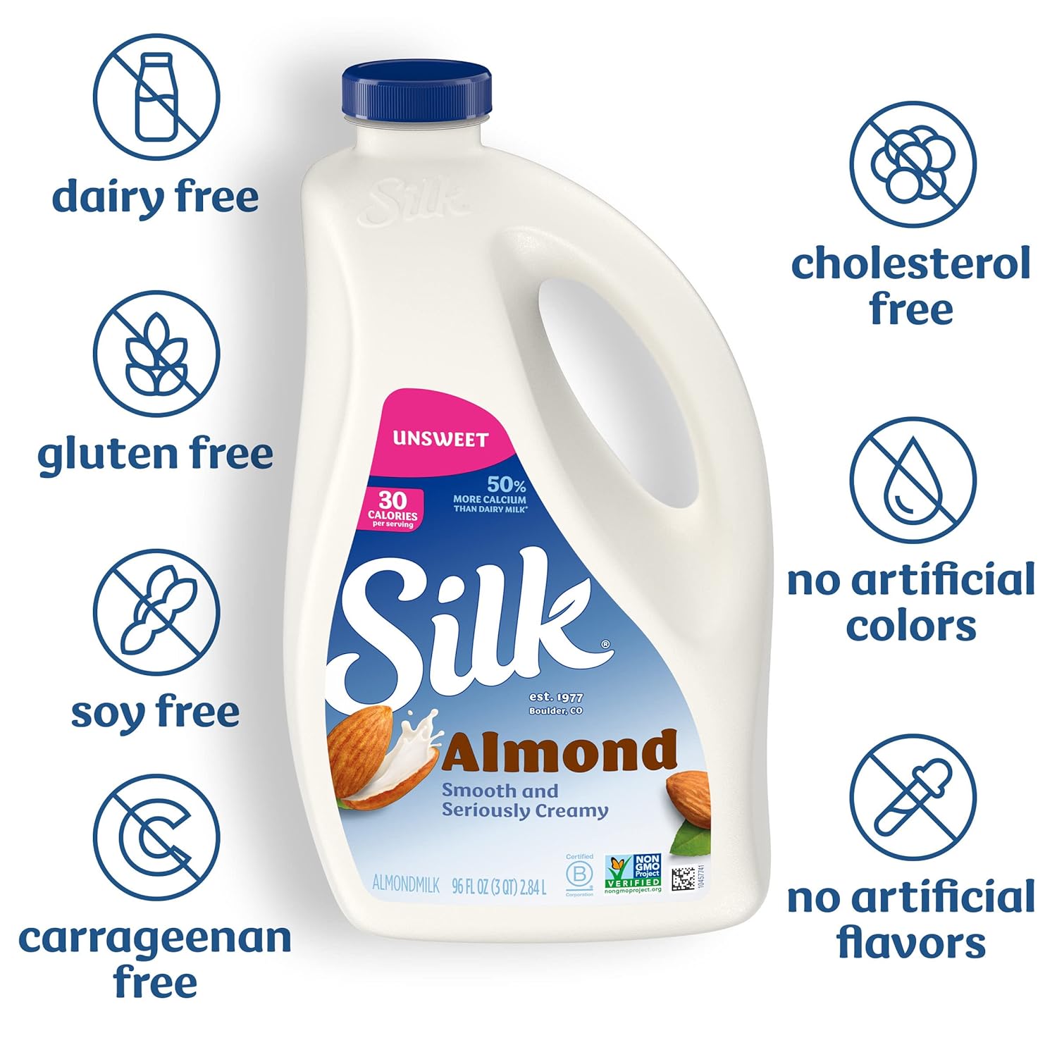 Silk Almond Milk, Unsweet, Dairy Free, Gluten Free, Seriously Creamy Vegan Milk with 50% More Calcium than Dairy Milk, 96 FL OZ Bottle : Grocery & Gourmet Food