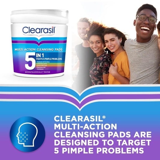 Clearasil 5-in-1 Ultra Cleansing Salicylic Acid Pads, Face Exfoliating for Acne Prone Skin, Unblock Pores, Reduces Blackheads, Pimples & Excess Oil, Everyday Spot Prevention, Pack of 65
