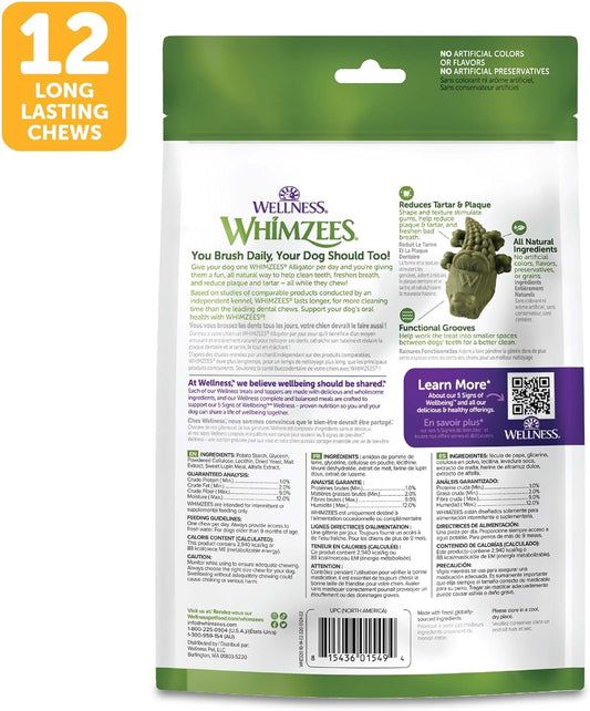 Whimzees By Wellness Alligator Natural Dental Chews For Dogs, Long Lasting Treats, Grain-Free, Freshens Breath, Medium Breed, 12 Count