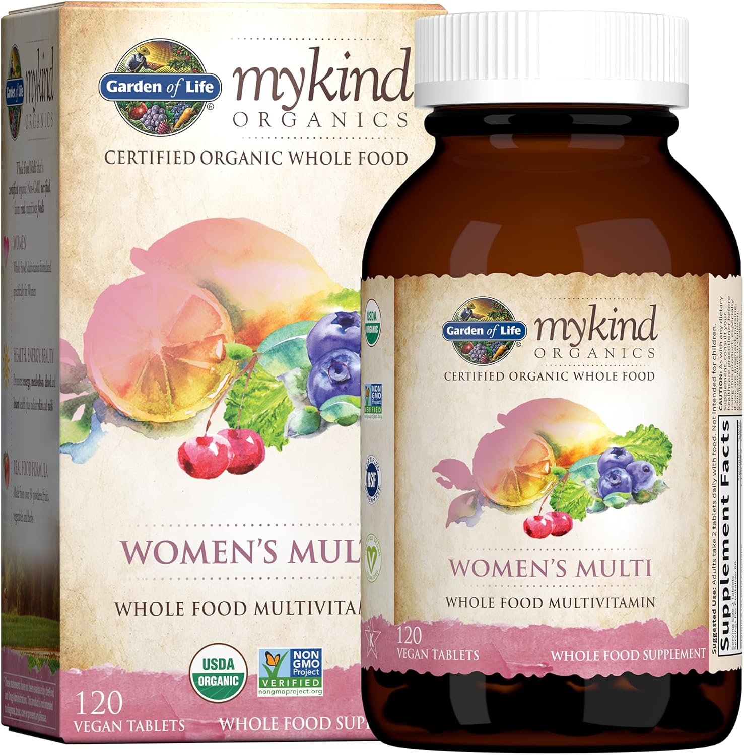 Garden Of Life Organic Multivitamin For Women, Mykind Organics Womens Multi With Vitamin C, D, Folate, B6, B12, Biotin, Iron, Vegan Whole Food Vitamins For Women, Energy, Skin, Nails, 120 Tablets