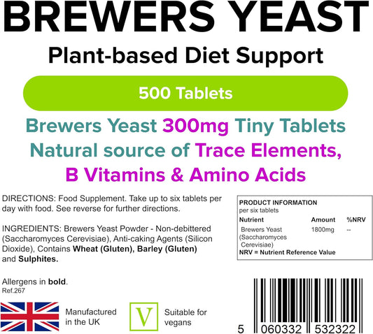 Lindens - Brewers Yeast - 1800Mg Daily Intake - 500 Vegan Tablets - Uk Made - Natural Vitamins & Micronutrients And Non-Debittered For Maximum Nutrition | B Vitamins, Amino Acids, Minerals
