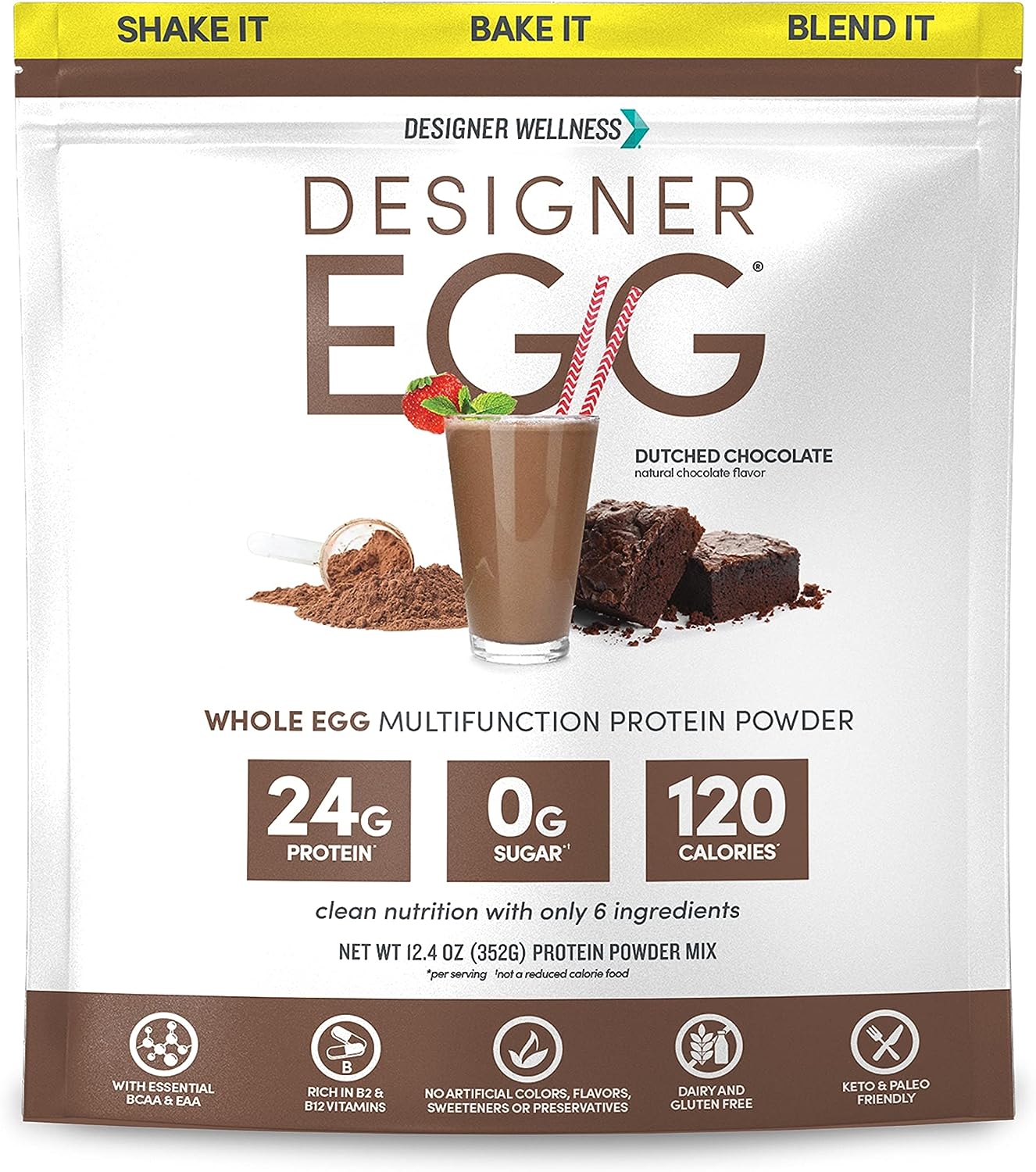 Designer Wellness, Designer Egg, Natural Egg Yolk & Egg White Protein Powder, Keto and Paleo Friendly, Low Calorie, Less Fat and Cholesterol, Dutch Chocolate, 12.4 Ounce