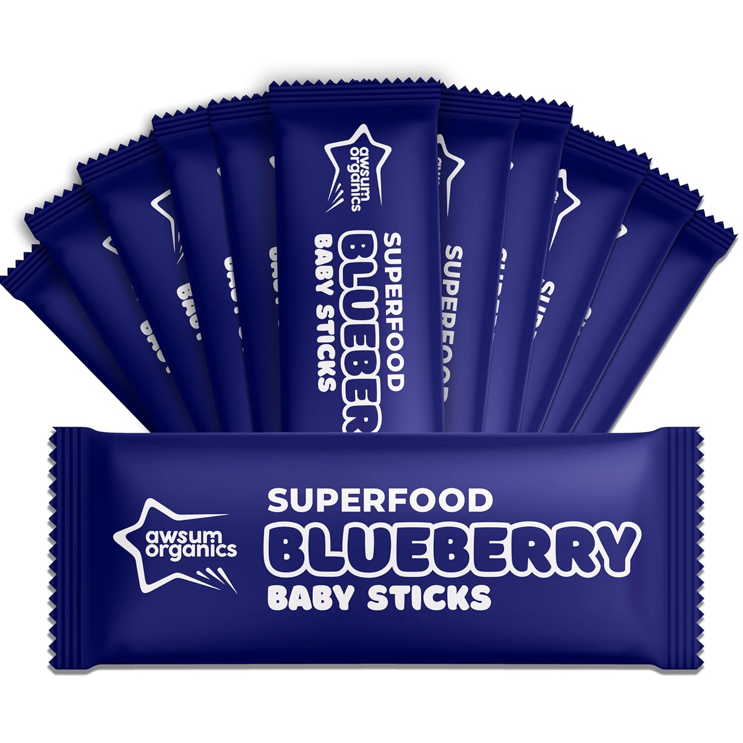 Awsum Snacks - Happy Healthy Baby Food - Snack For Babies - Natural Vegan Kosher Gluten Free - Natural Plant Based Puffs - Non-Allergy - Individual Bag 2 Sticks (Blueberry, 12 Bags)